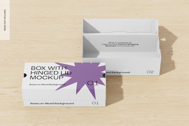 PSD boxes with hinged lid on wood background mockup, opened and closed