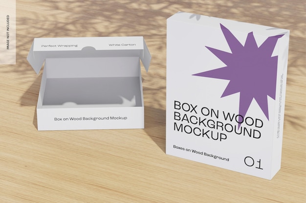 Boxes on wood background mockup, opened and closed