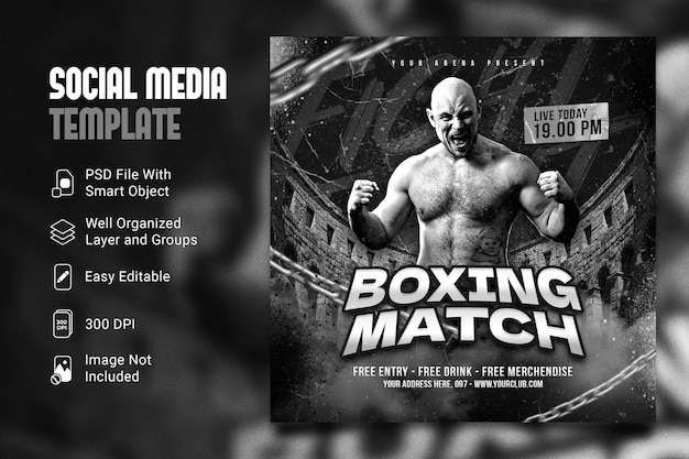 PSD boxing match sports event social media and flyer template