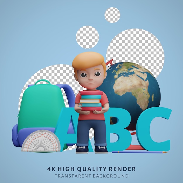 PSD boy back to school mascot 3d character illustration holding a book