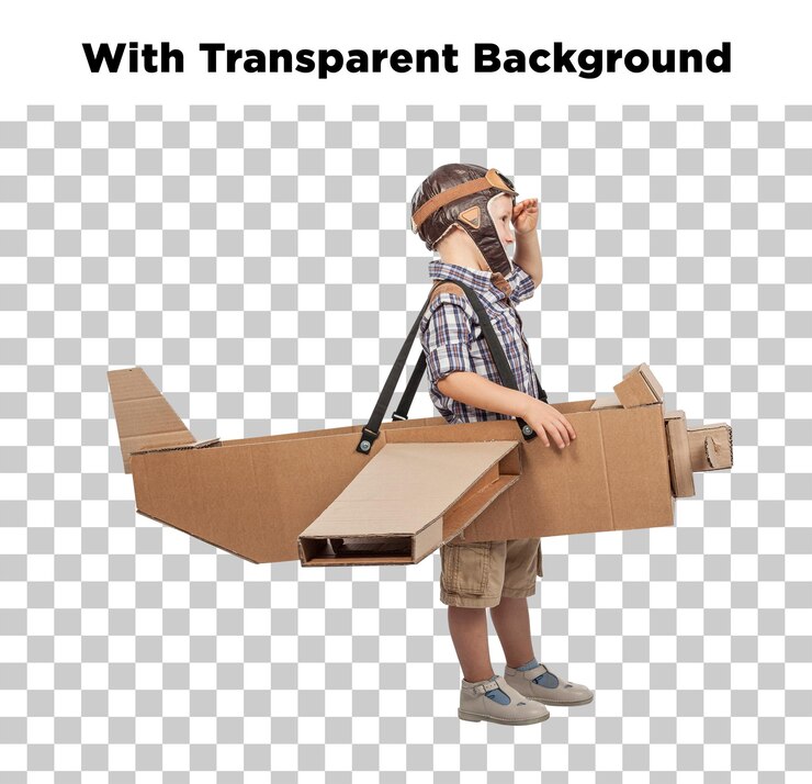 PSD boy in cardboard airplane costume with transparent background