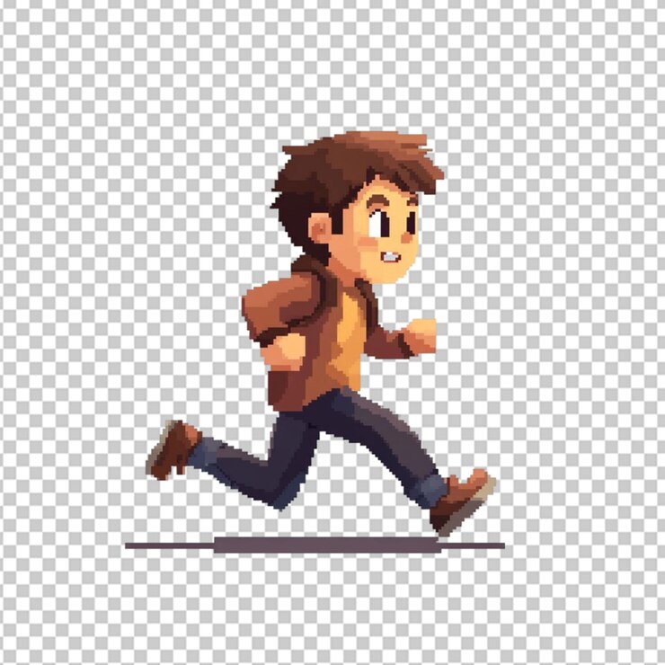 PSD boy character is running in 8 bit pixel art on transparent background