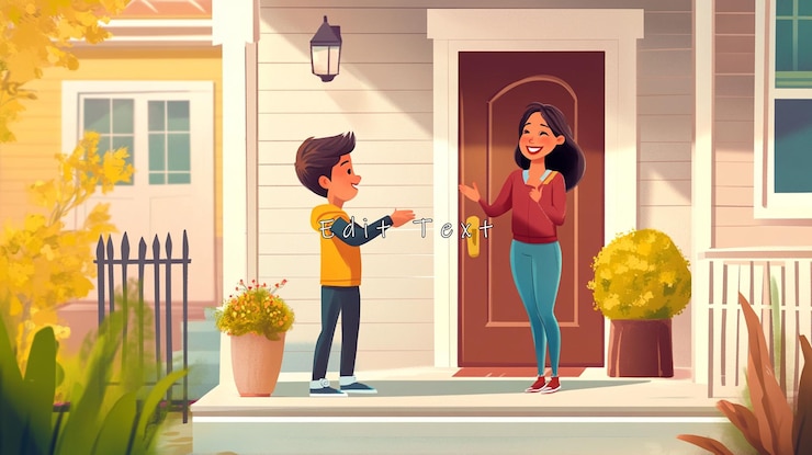PSD boy delivering package to happy woman at house