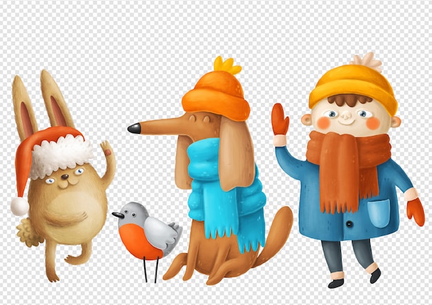 PSD boy, dog and rabbit illustrations