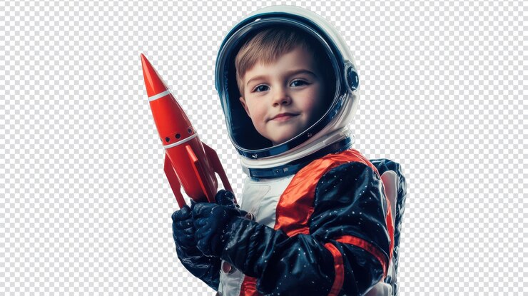 PSD boy dressed as a spaceman holding a model rocket for imaginative play and education