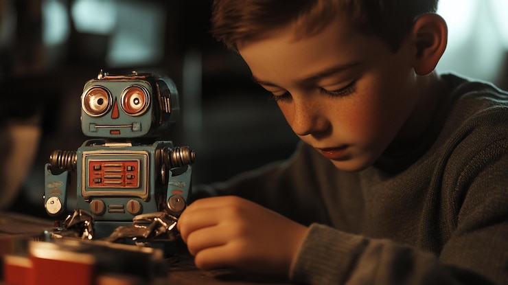 PSD boy fixing a vintage robot toy