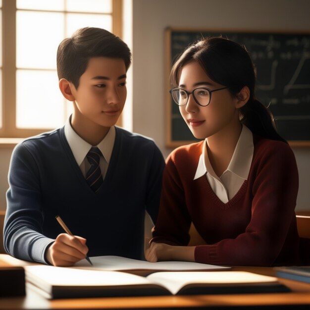 PSD a boy and girl are sitting at a desk and a book with the word school written on it