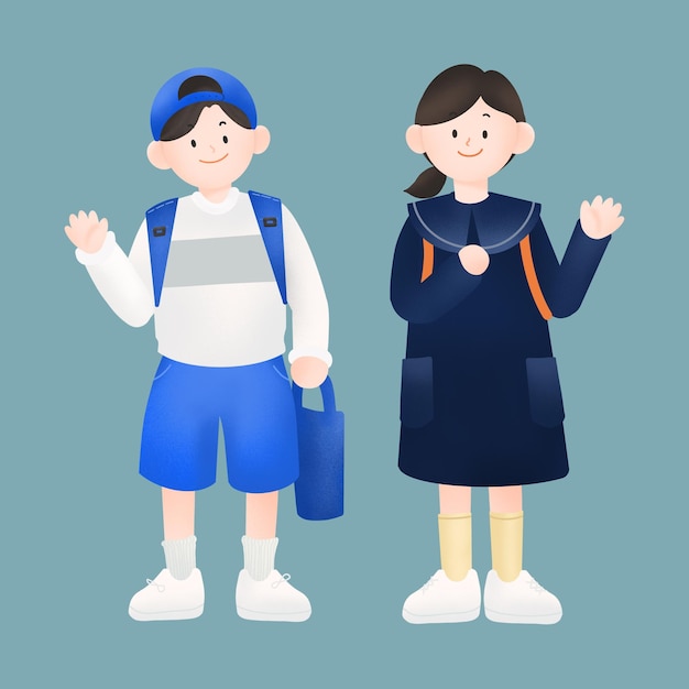 A boy and girl are standing next to each other and the boy is wearing a blue cap and a white shirt.