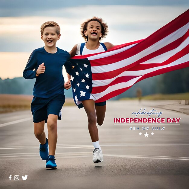 A boy and girl run with an american flag in the background.