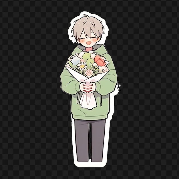 PSD a boy in green jacket holding a bouquet of flowers