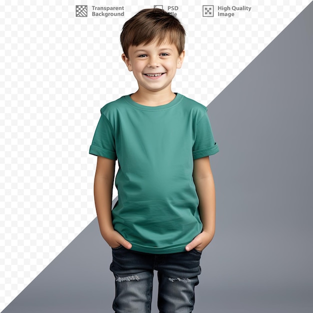 A boy in a green shirt stands on a gray background with his hands on his hips