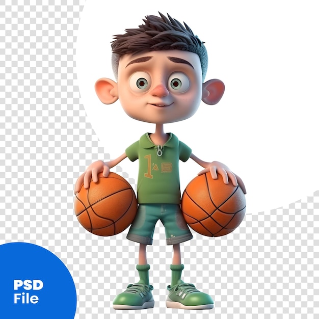 PSD un ragazzo che tiene una palla da basket e sorride modello psd di rendering 3d