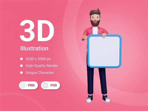 Boy holding blank board 3D Illustration