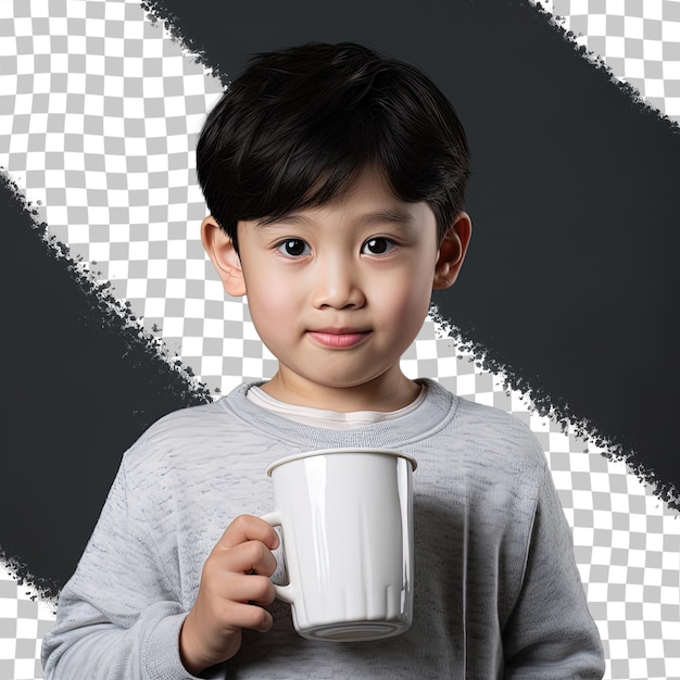 A boy holding a mug with the word 