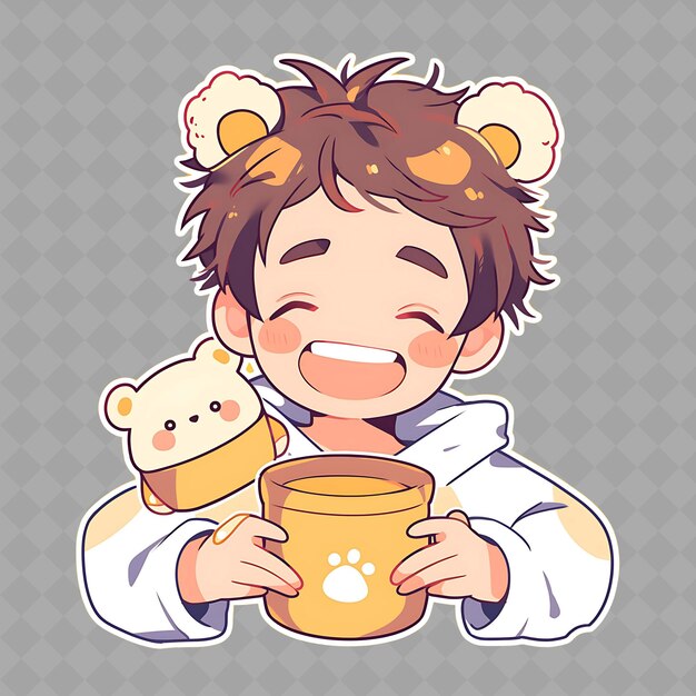 PSD a boy holding a yellow mug with a bear on it