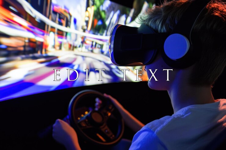 PSD boy immersed in vr racing game holding steering wheel
