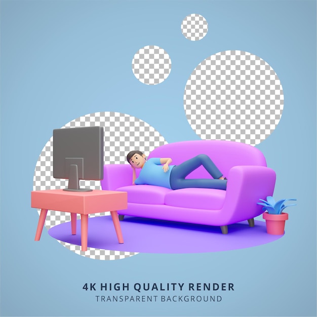 Boy is lazy and watching tv on sofa stay at home illustration high quality 3d render