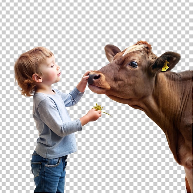 PSD a boy is petting a cow with a boy