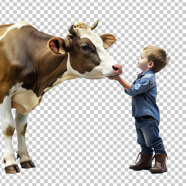 PSD a boy is petting a cow with a boy