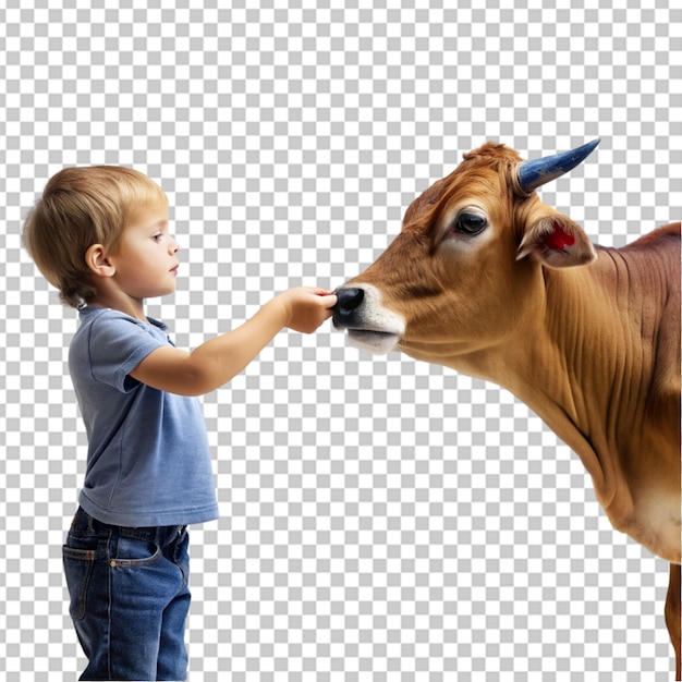 PSD a boy is petting a cow with a boy