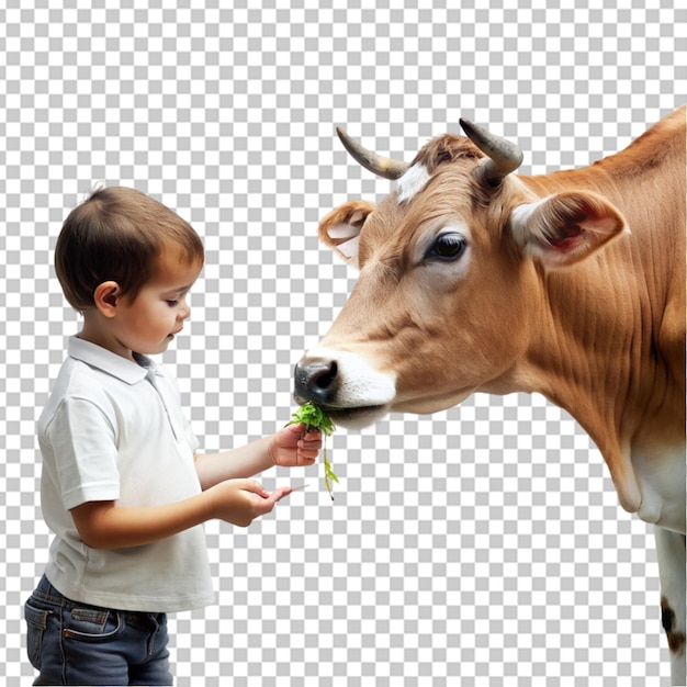 PSD a boy is petting a cow with a boy