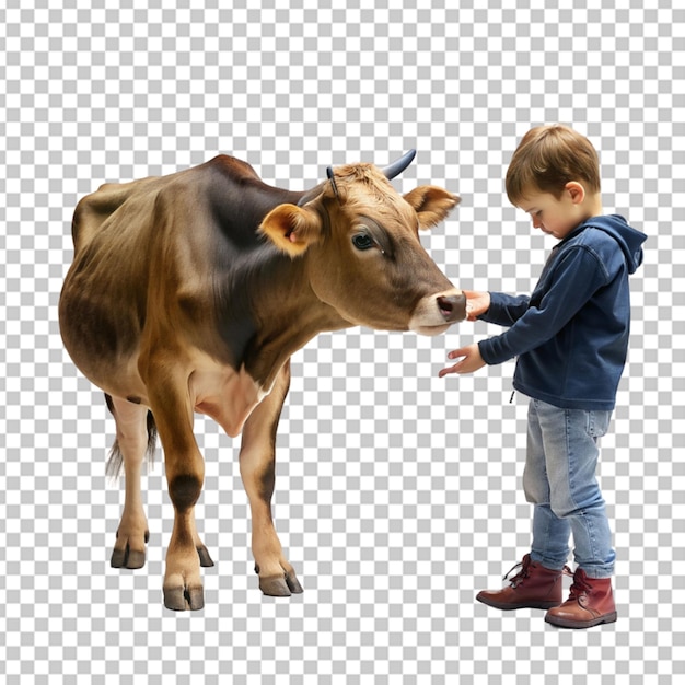 A boy is petting a cow with a boy