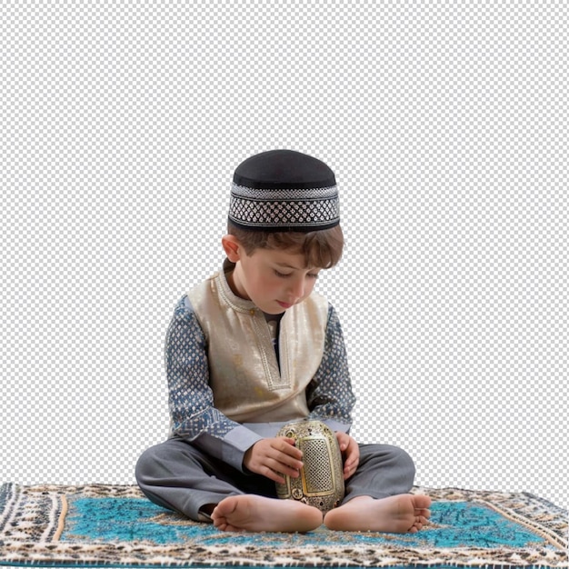 PSD a boy is sitting on a rug and the boy is wearing a hat