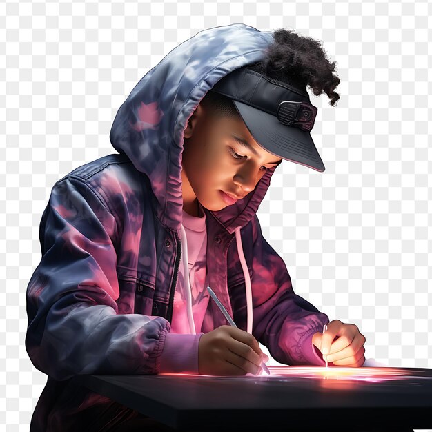 PSD a boy is writing at a desk with a paper with a hat on it