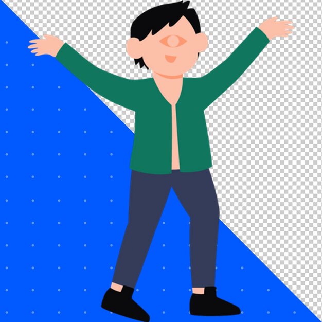 상단에  별이 있는 파란색 배경과 함께 파란 색 배경 앞에 뛰어다니는 소년