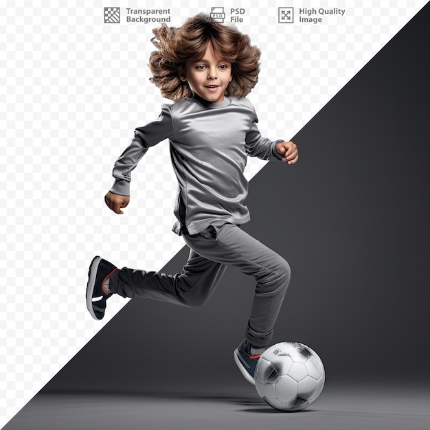 PSD a boy kicks a soccer ball in front of a screen that says 