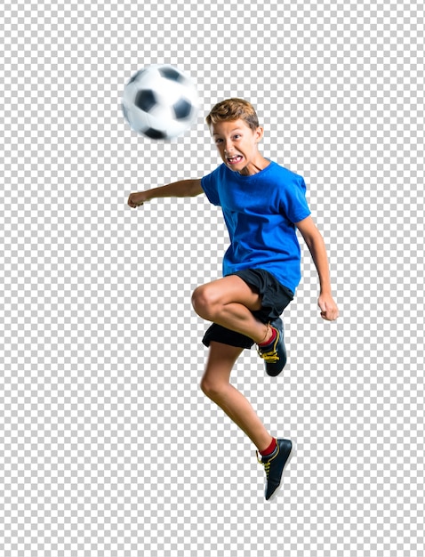 Boy playing soccer hitting the ball with the head