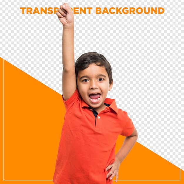 Boy playing and striking a superhero pose with transparent background