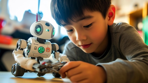 ロボットのおもちゃで遊ぶ少年