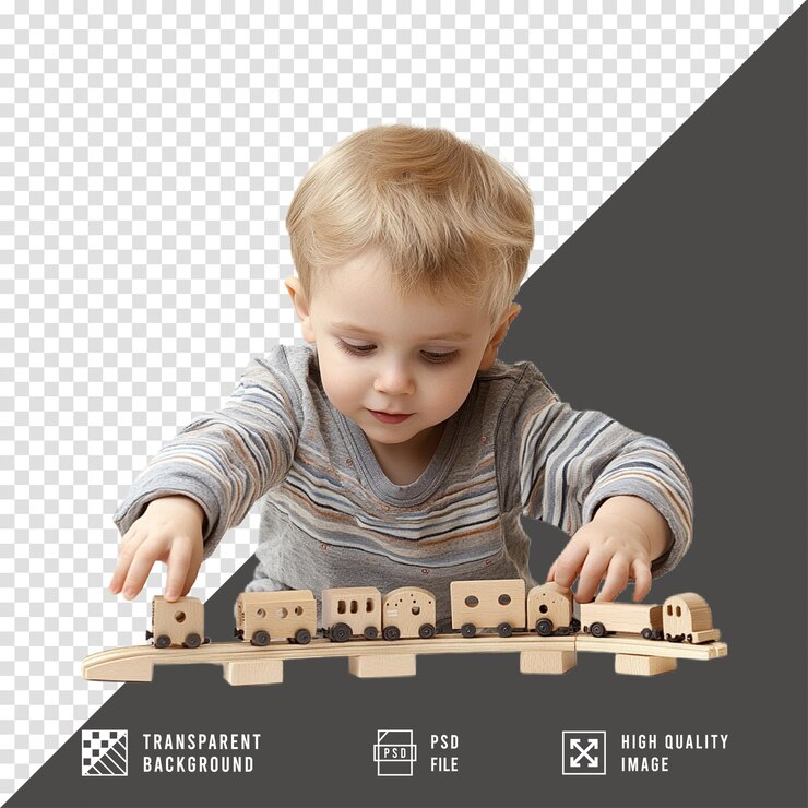 PSD boy playing with wooden train on transparent background