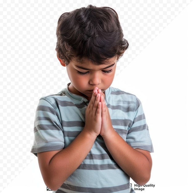 PSD boy praying to god with hands held together and head bowed low on white isolated background stock image and stock photo