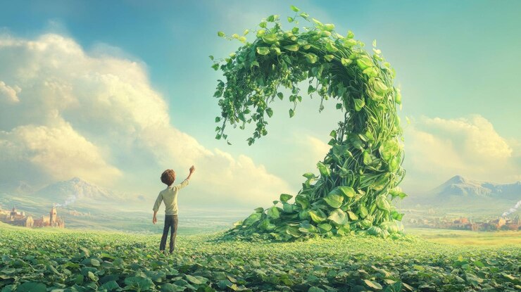 PSD boy reaching for a living wave of plants in a dreamlike landscape