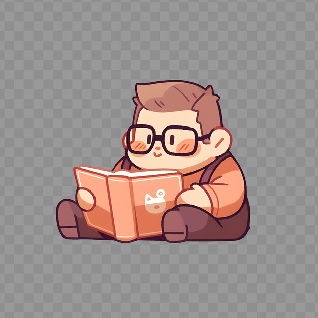 A boy reading a book with glasses and a shirt that says  im reading