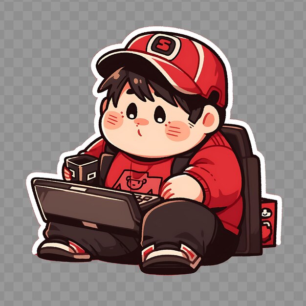 PSD a boy in a red cap sits on a bag with a laptop in his lap