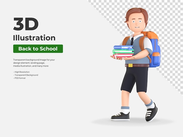 PSD boy school student holding books while walking 3d cartoon illustration