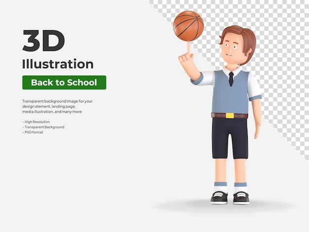 Studente di scuola del ragazzo che gioca a basket ball in mano 3d fumetto illustrazione