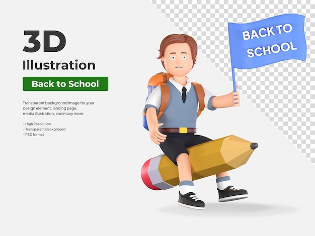 Boy school student riding pencil and holding flag 3d cartoon illustration