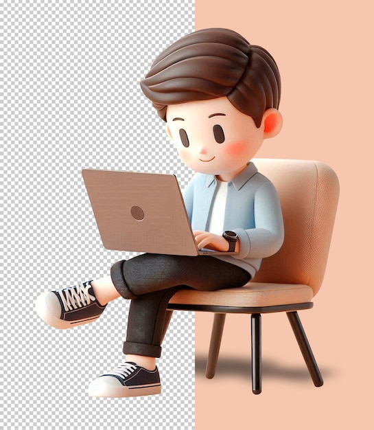 PSD a boy sits in a chair with a laptop 3d cartoon character