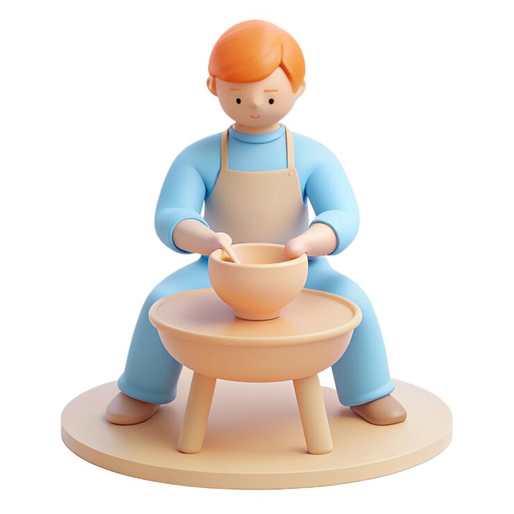 PSD a boy sits on a stool and holds a bowl of food
