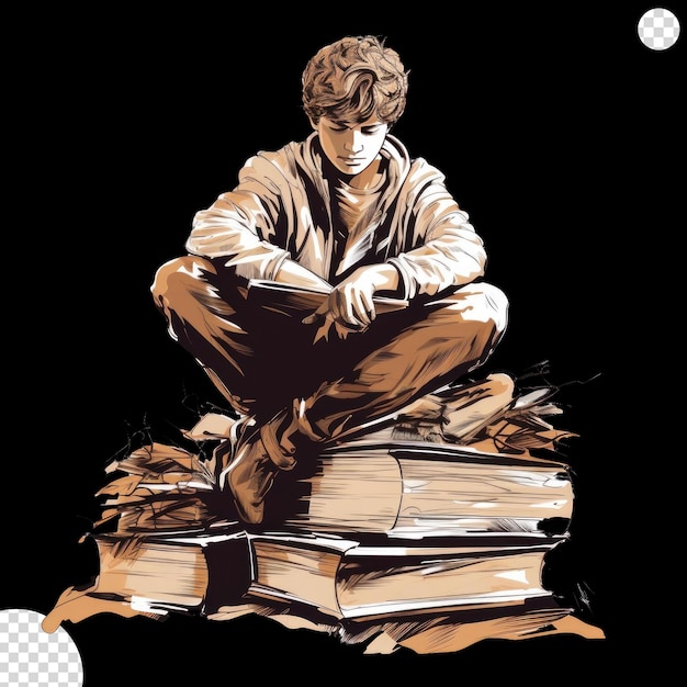 Boy sitting on stack of folder with rea png