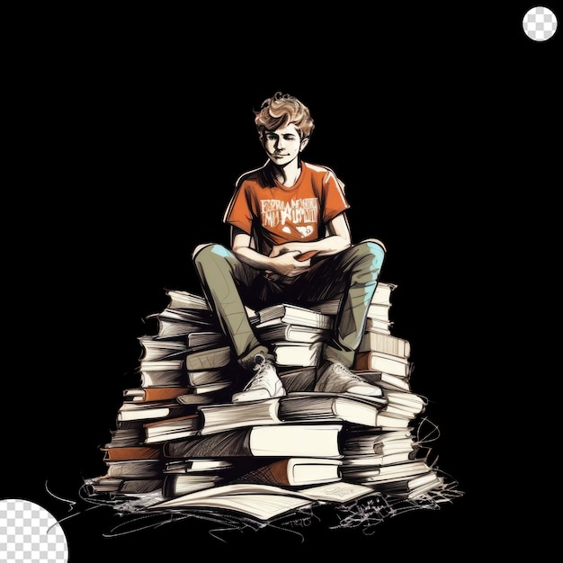 PSD boy sitting on stack of folder with rea png