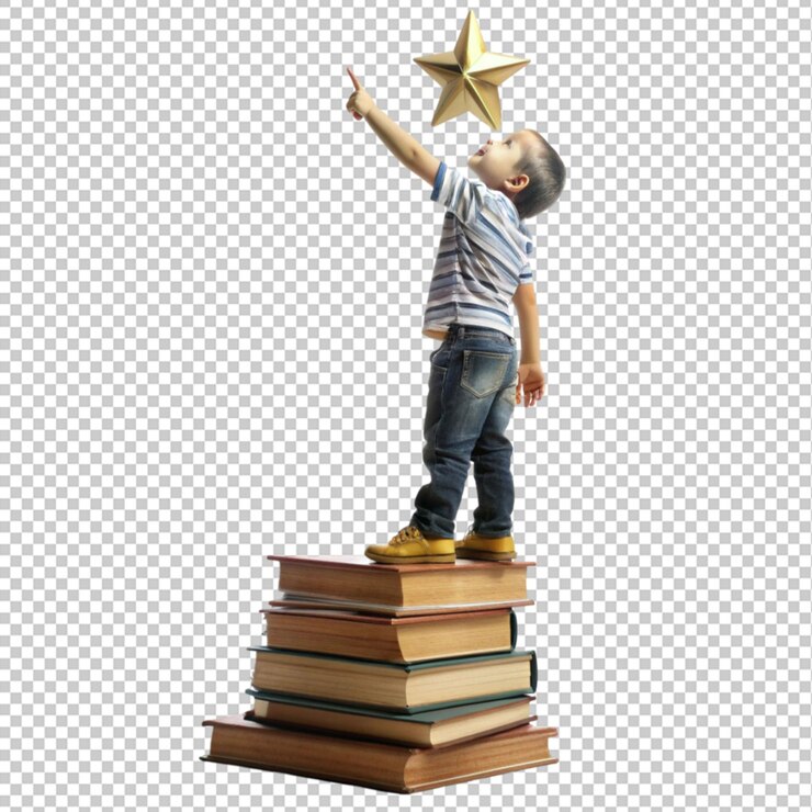 PSD мальчик, стоящий на куче книг, тянущийся к звезде.