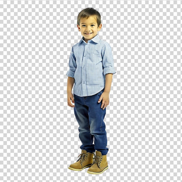 PSD a boy wearing a blue shirt and jeans stands on transparent background