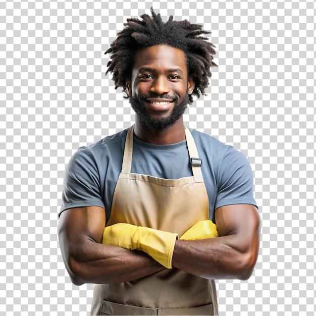 PSD boy wearing cleaner apron and gloves on transparent background