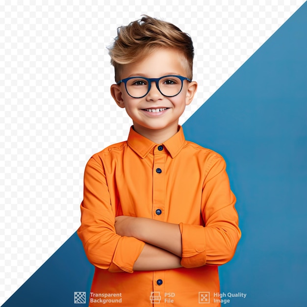 PSD a boy wearing glasses and a shirt with his arms crossed.