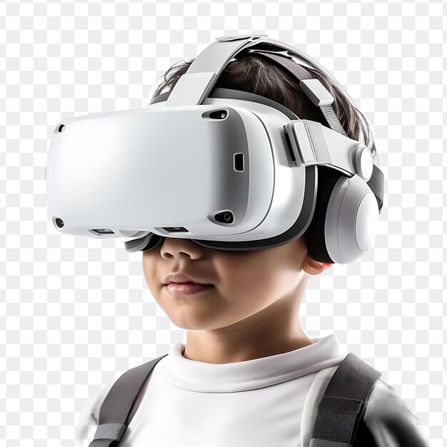 PSD a boy wearing a virtual reality headset with a white shirt and a pair of glasses